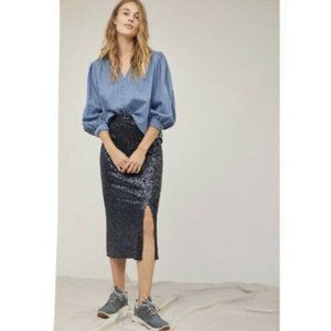NWT Anthropologie Maeve Alicia Sequined Pencil Midi Skirt Dark Blue